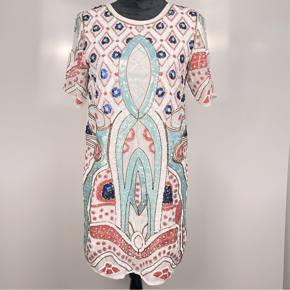 Karlie Sequin Boho Multicolor Patterned Shift Dress - Picture 2 of 9